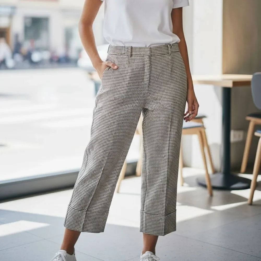 Zara Beige Checkered Cropped Office Professional Pants Size XL